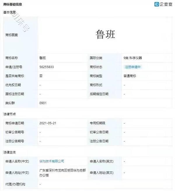 华为鲁班商标变更为驳回通知