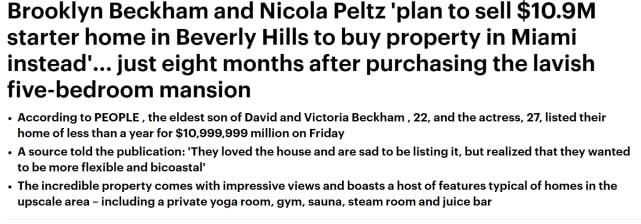 布鲁克林和未婚妻妮可拉·佩尔茨挂牌出售豪宅