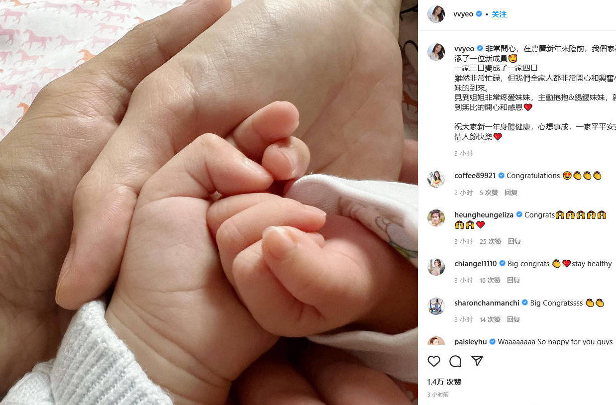 杨秀惠宣布二胎生女：一家三口变成一家四口