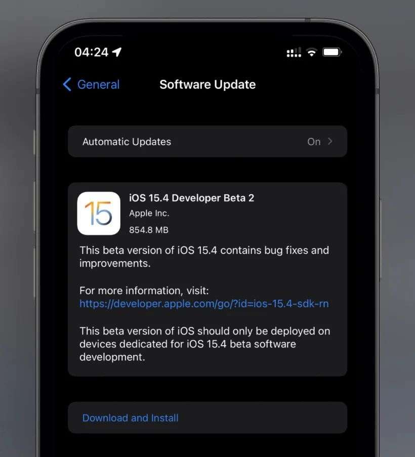 苹果ios15.4beta2更新内部版本号发布