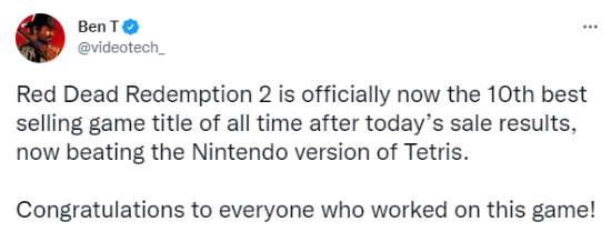《荒野大镖客：救赎2》成史上第10畅销游戏大作