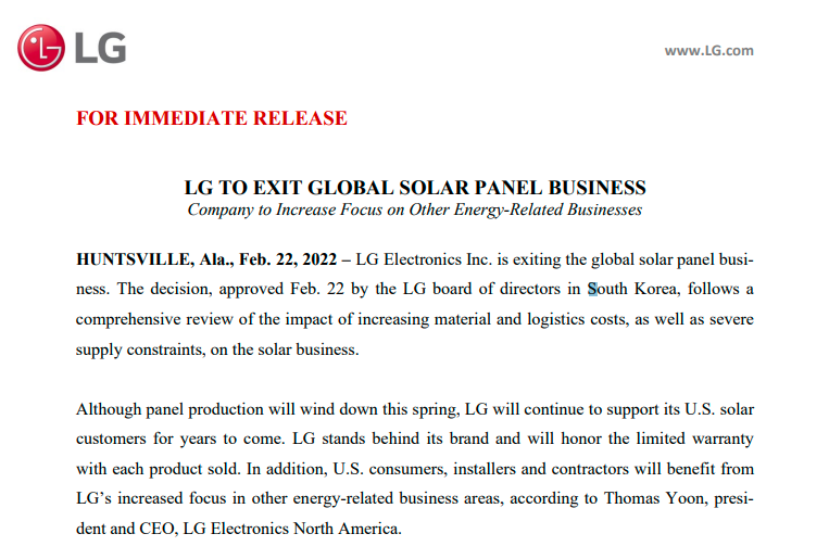 lg电子将退出全球太阳能电池板业务，移动部门业绩持续低迷