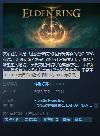 《艾尔登法环》steam好评率为80%