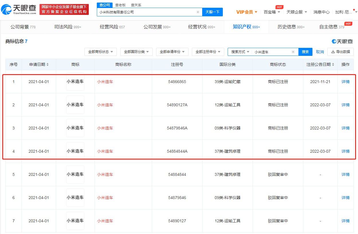 小米三项“小米造车”商标获批，2021年11月注册成功