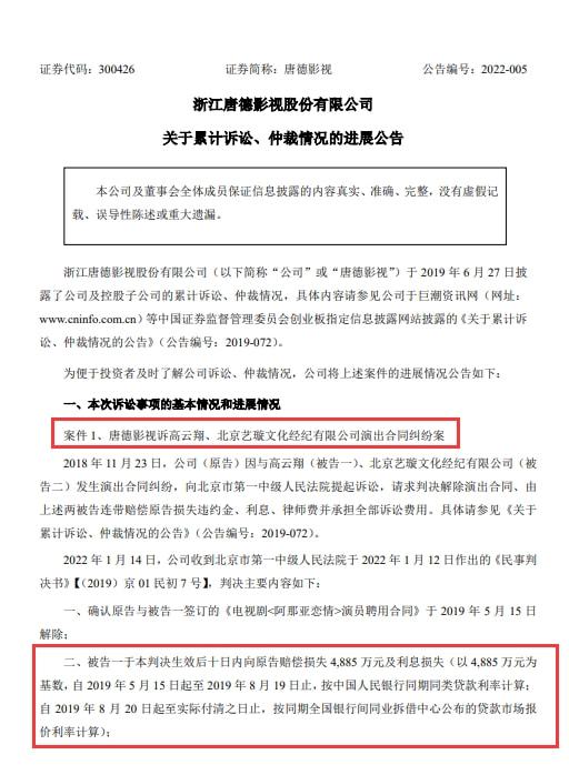 唐德影视诉高云翔违约案迎来一审判决