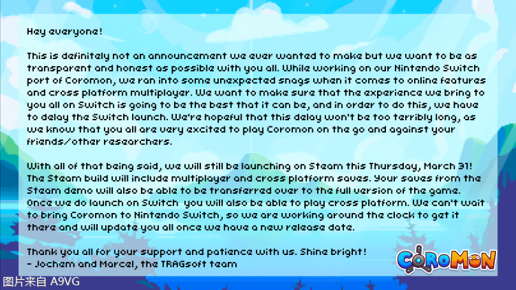 《coromon》switch版确认延期3月31日上市