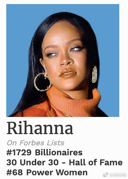 蕾哈娜首登福布斯亿万富豪榜 排名第1729位
