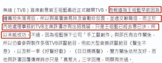 王祖蓝正式辞职tvb首席创意官上任仅一年