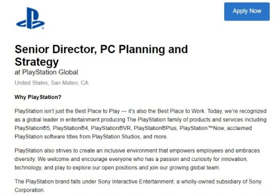 |playstation正在招聘负责pc规划和战略的高级主管