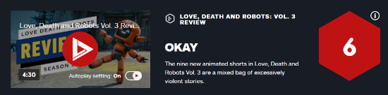 ign给《爱，死亡和机器人》第三季打出6分评价