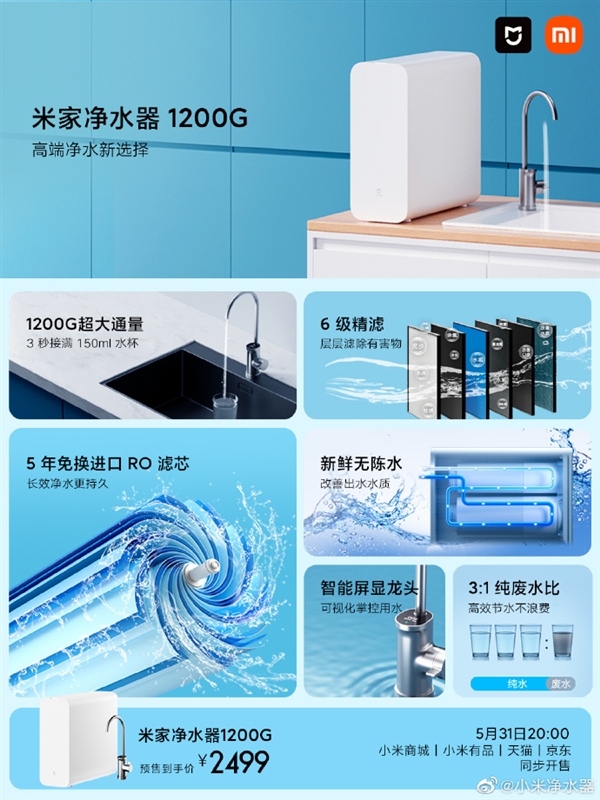 米家净水器1200g：京东2499元