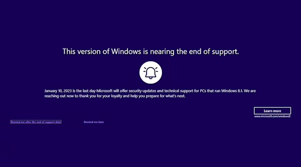 微软提醒windows8.1系统安全补丁和技术支持将结束