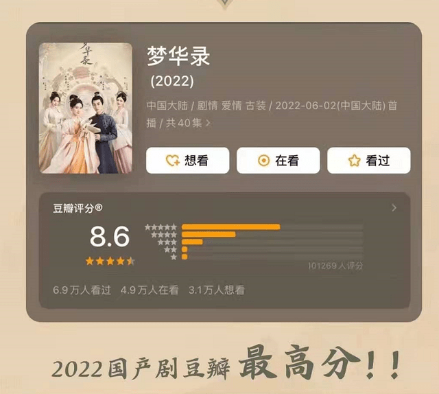 涨到8.6！《梦华录》成为2022年最高分国产剧，刘亦菲弯道超车85花