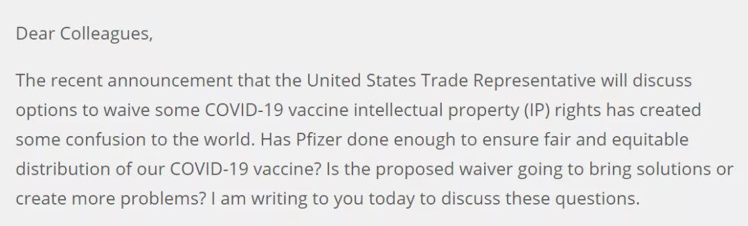 拜登决定放弃疫苗知识产权后，辉瑞CEO发公开信：坚决反对！