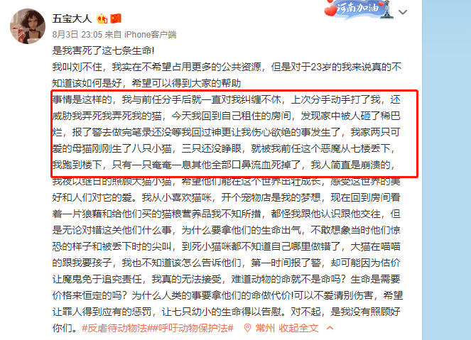 “分手摔死你的猫，又不犯法就要气死你！”