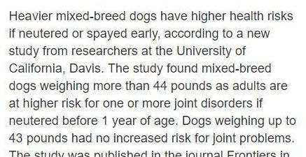 15年几千只狗研究，中大型犬1岁前绝育得癌症关节疾病几率更高