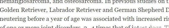 15年几千只狗研究，中大型犬1岁前绝育得癌症关节疾病几率更高