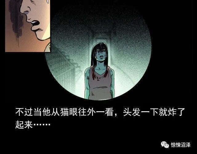 恐怖漫画，楼下的女人，趴在猫眼上与主人对视的可怕女人