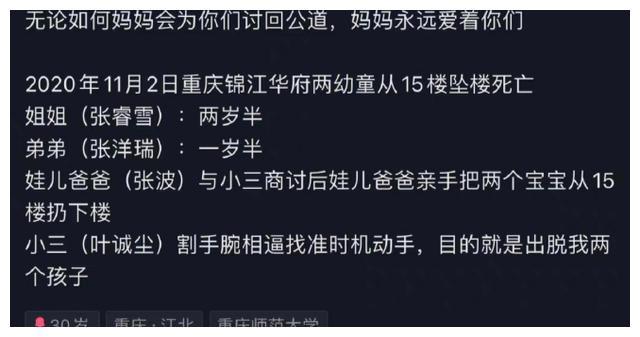 重庆3岁姐弟坠亡案生母：孩子生父的女友引导了作案，她不能逃脱死刑！