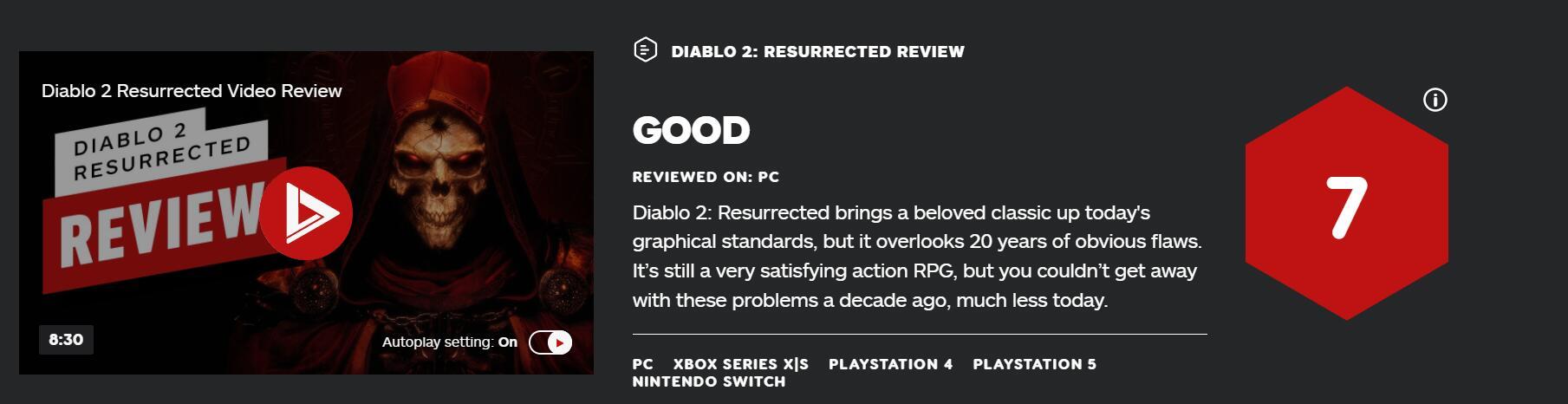 |《暗黑破坏神2：重制版》IGN 7分：老玩法跟不上新时代