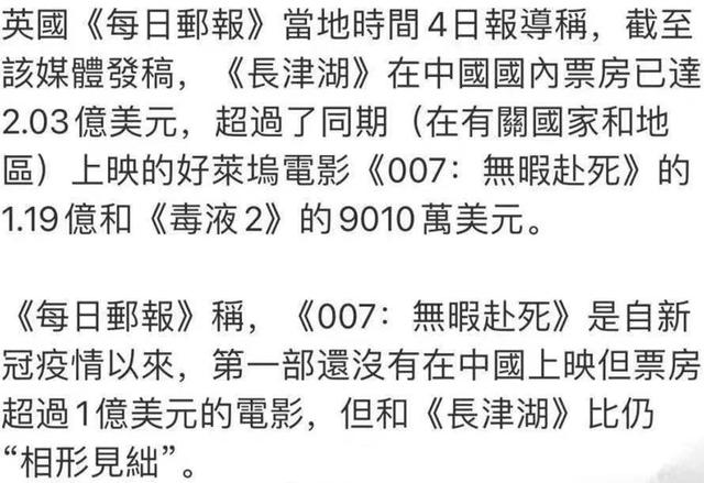 《长津湖》票房突破5亿美元，令《毒液2》和《无暇赴死》黯然失色