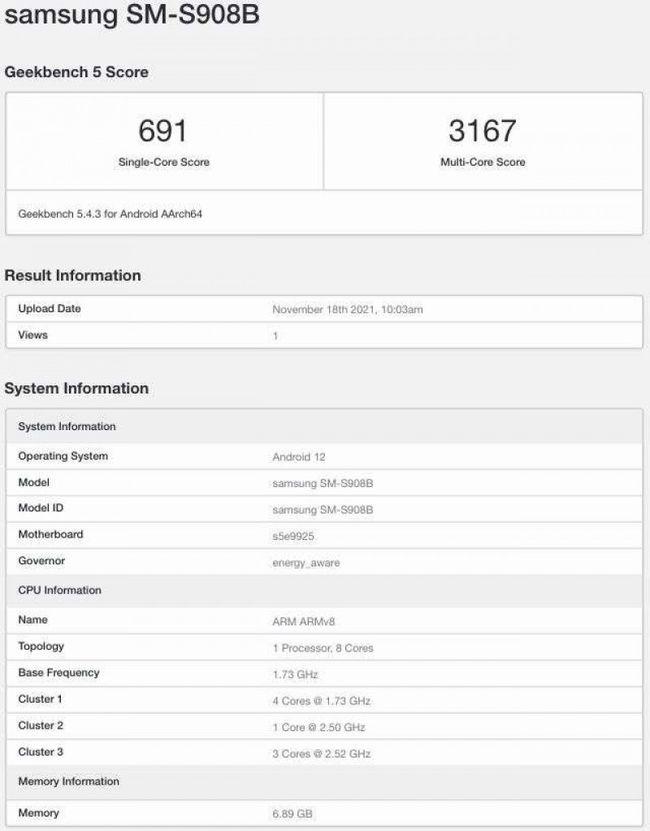 三星 Galaxy S22 Ultra 搭载 Exynos 2200 跑分曝光：多核 3167分