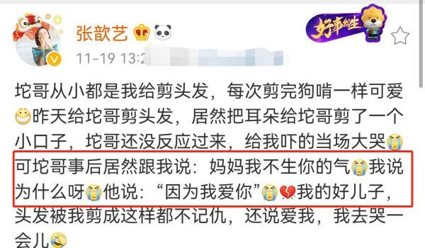 张歆艺为儿子理发，意外剪破耳朵被吓哭，透露两岁孩子身高已一米