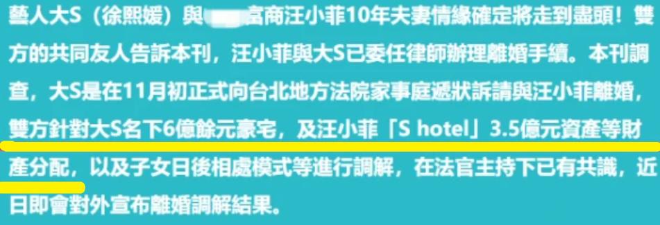 台媒曝大S已经向法院提交离婚申请，将与汪小菲争夺孩子抚养权