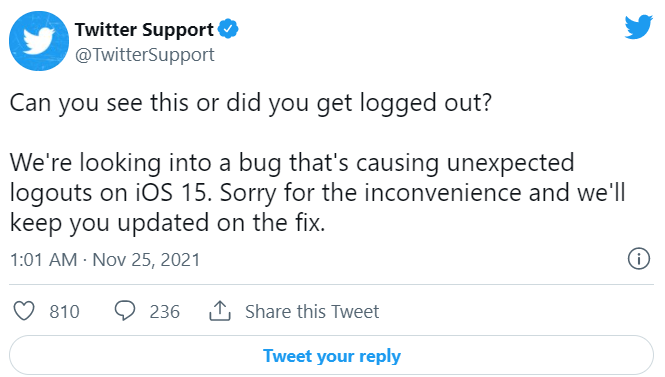 Twitter iOS 版出现 Bug，随机注销用户登录：官方称将尽快修复