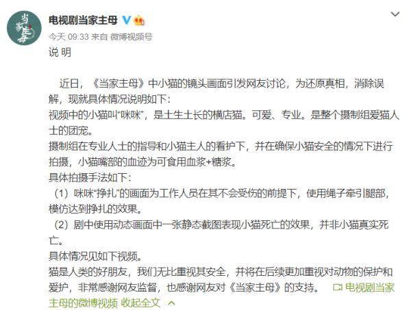 疑似群演称剧中小猫已被电死，《当家主母》剧组报案