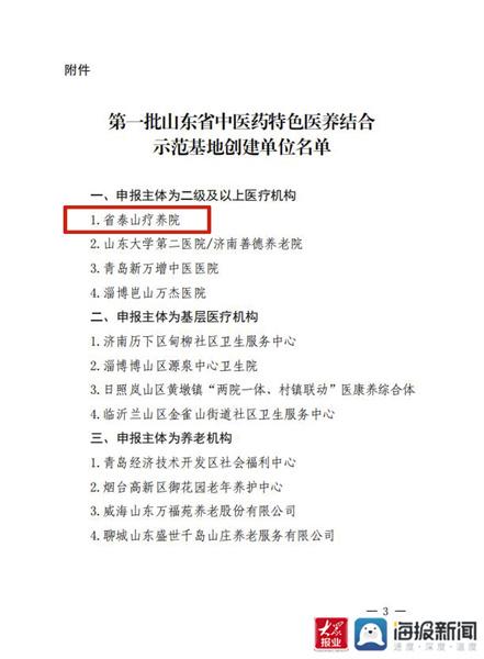 山东省泰山医院（山东省泰山疗养院）被确定为全省第一批中医药特色医养结合示范基地建设单位