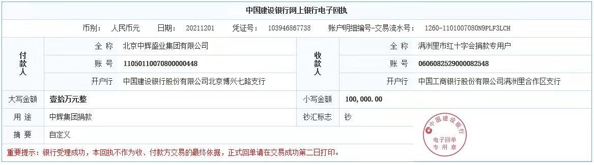 爱心企业捐款 共抗新冠疫情 北京中辉盛世集团有限公司爱心捐款20万元