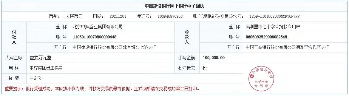 爱心企业捐款 共抗新冠疫情 北京中辉盛世集团有限公司爱心捐款20万元