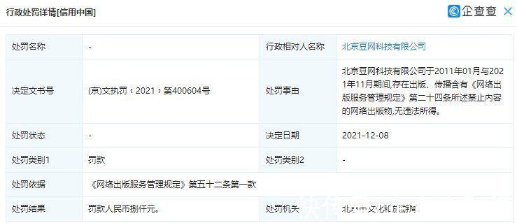 豆瓣因传播含有禁止内容的网络出版物被罚款8000元