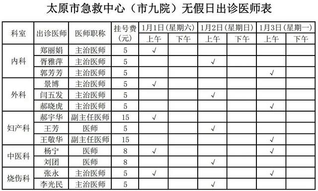 太原市第九人民医院2022年元旦期间专家出诊安排