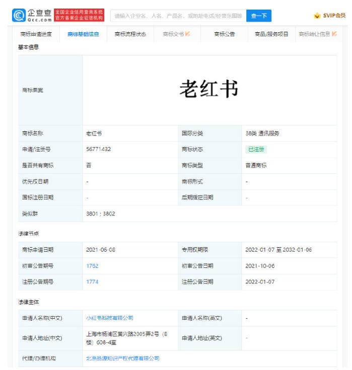 小红书申请老红书商标获批！网友：最浪漫的事就是和你慢慢变老