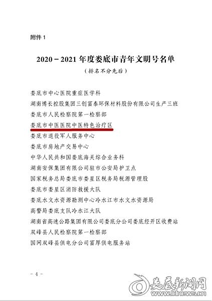 娄底市中医医院中医特色治疗区被授予“娄底市青年文明号”称号！