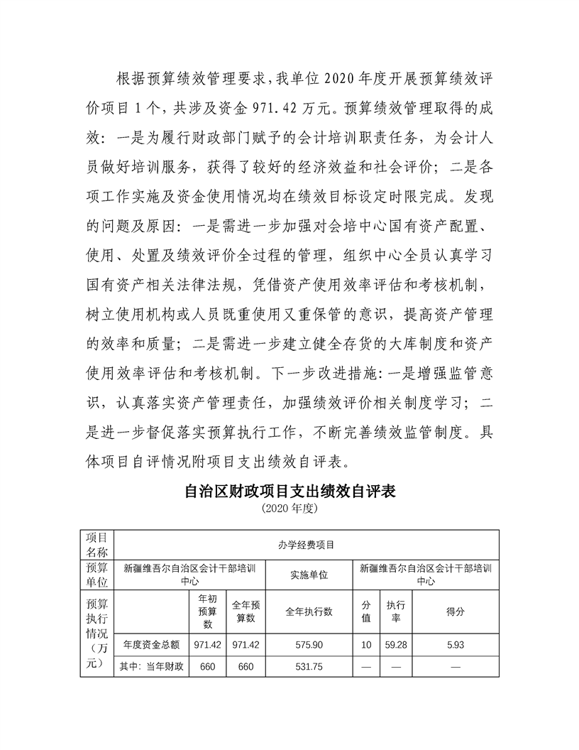 新疆维吾尔自治区会计干部培训中心2020年度部门决算公开