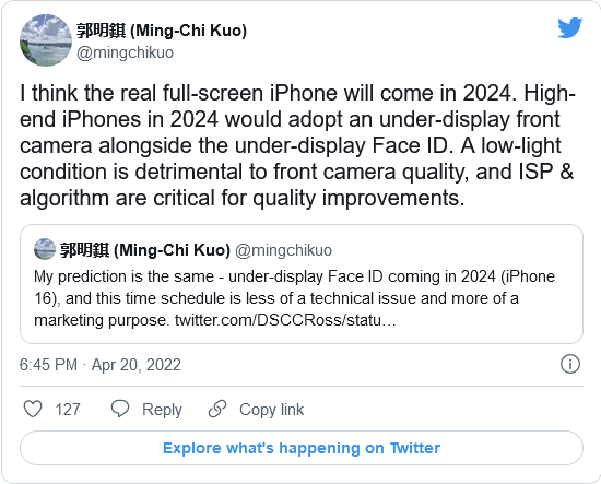 郭明錤表示&quot;iPhone 16 Pro&quot;可能是第一款完全放弃刘海的iPhone