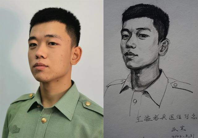 武警战士为退伍老兵手绘肖像画 