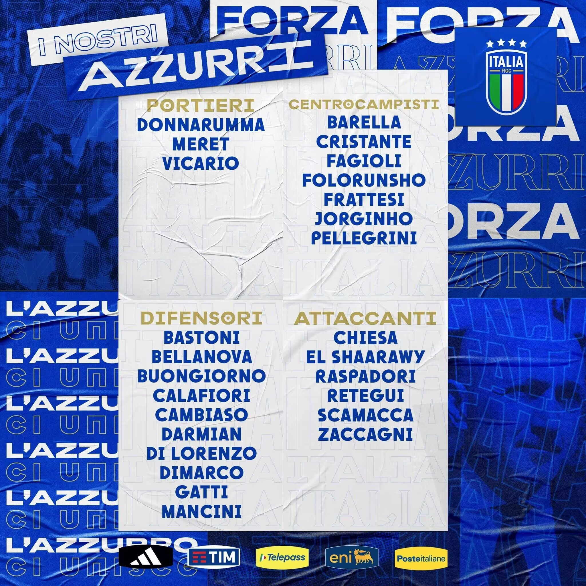 意大利欧洲杯26人最终大名单	：基耶萨、法乔利、若日尼奥入选
