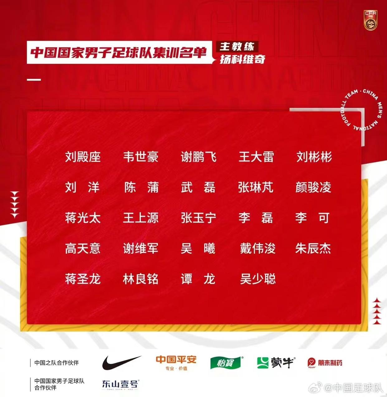 国足公布世预赛24人大名单 武磊领衔亚泰谭龙入选